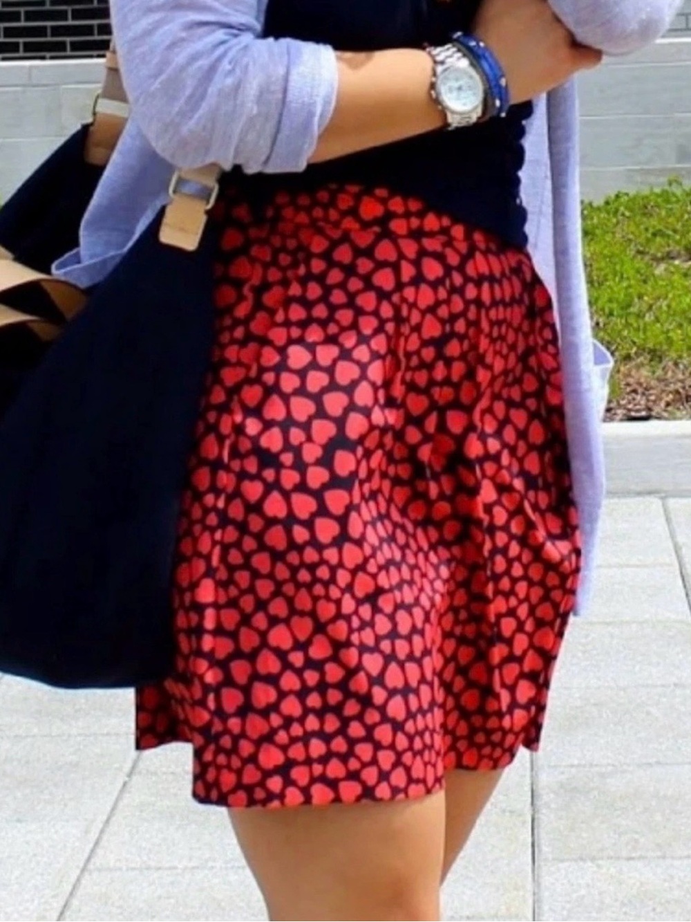 J. Crew Navy Skirt with Red Heart Whimsy Necklace Pleated Print Size 8